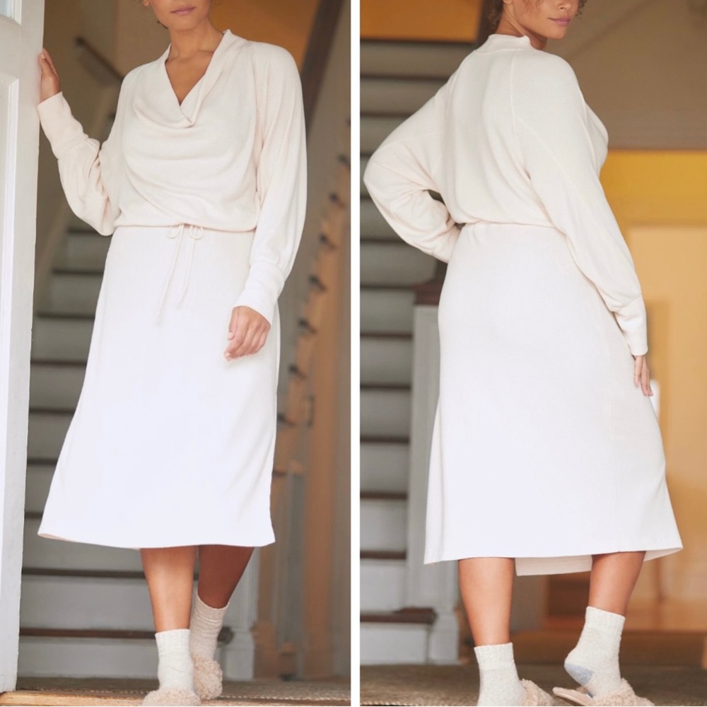 Cream Cowl Neck Long Sleeve Midi Dress